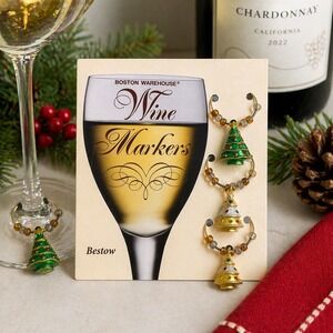 VTG Christmas Tree Wine Charms Set 6 Boston Warehouse Retro Kitsch Whimsical Fun